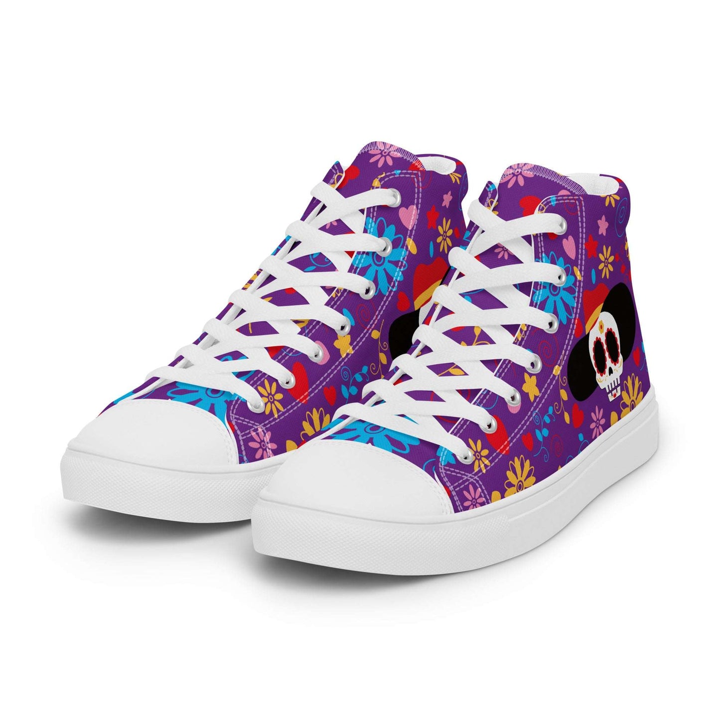 Side profile of Aymar Quiris Studio purple Fiesta Sugar Skull shoes, trendy high-top sneakers for women, perfect for matching couples' streetwear outfits