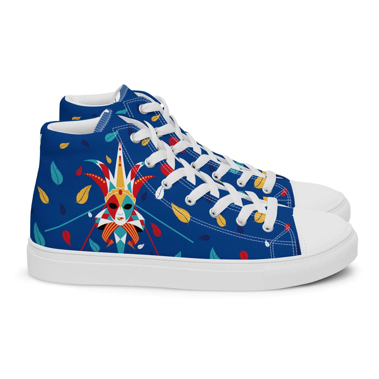 Side profile of unisex Italy-Venetian Carnival Night sneakers, Aymar Quiris Studio blue canvas shoes for both men and women, artistic streetwear style.