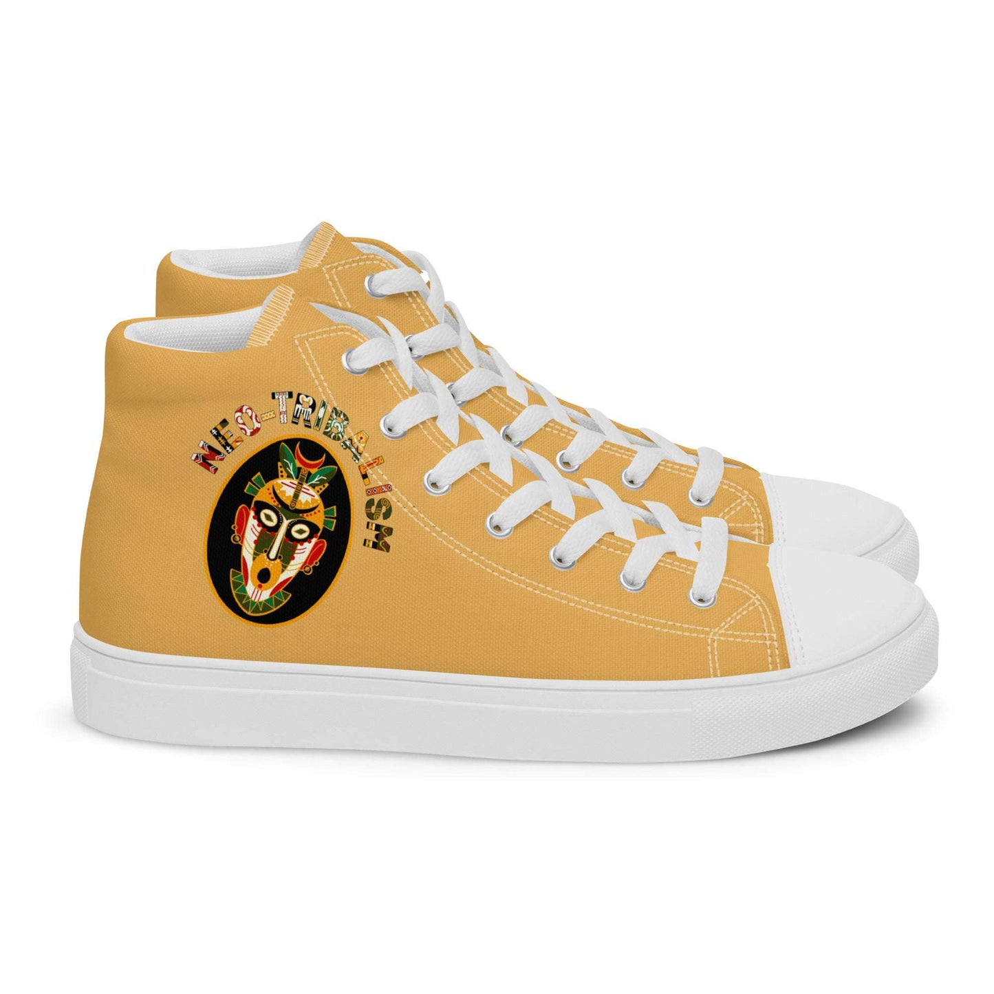 Aymar Quiris Studio mustard yellow high-top sneakers, unisex vintage-style canvas shoes with Neo-Tribal African mask art, streetwear footwear.