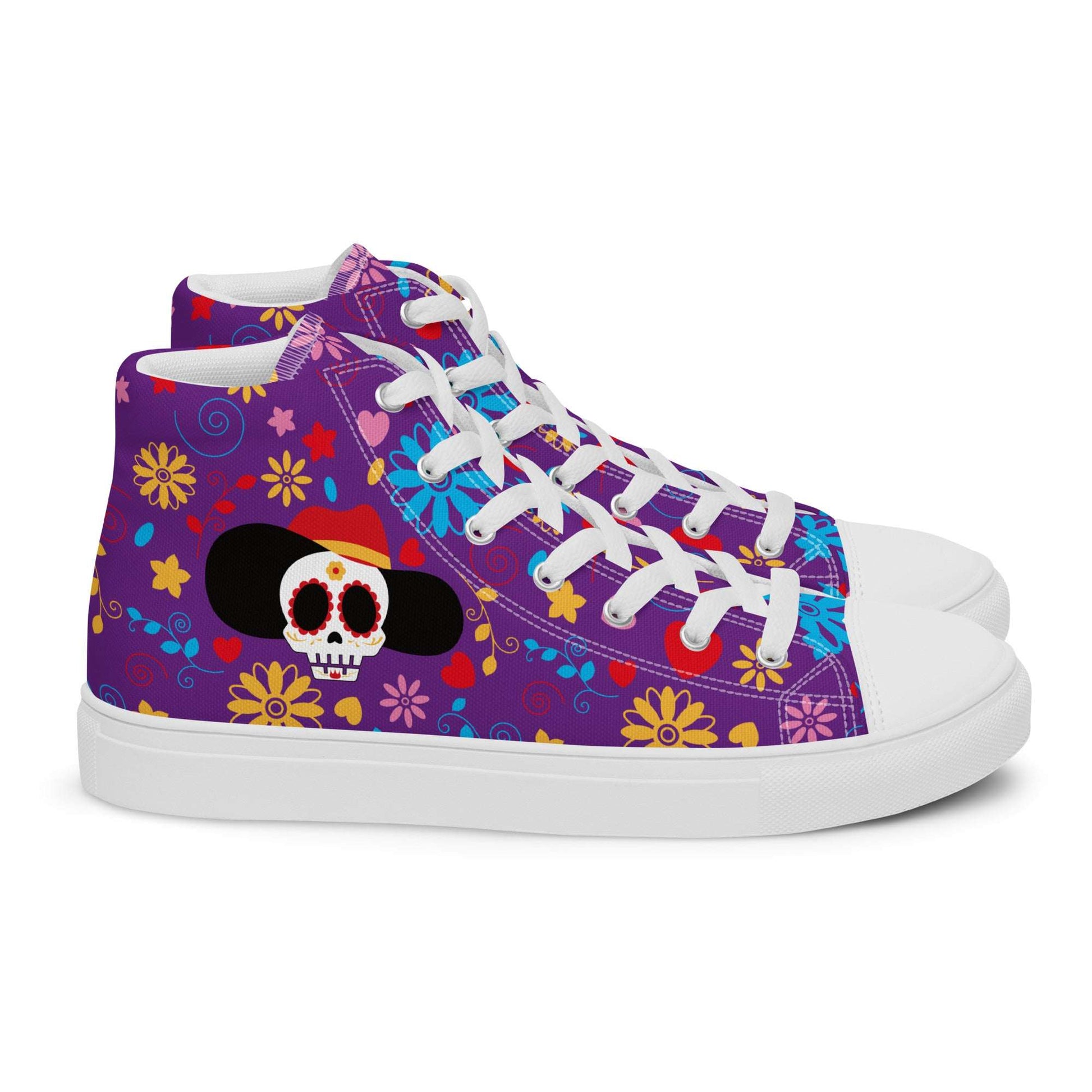 Side profile of Aymar Quiris Studio purple Fiesta Sugar Skull shoes, trendy high-top sneakers for women, perfect for matching couples' streetwear outfits.