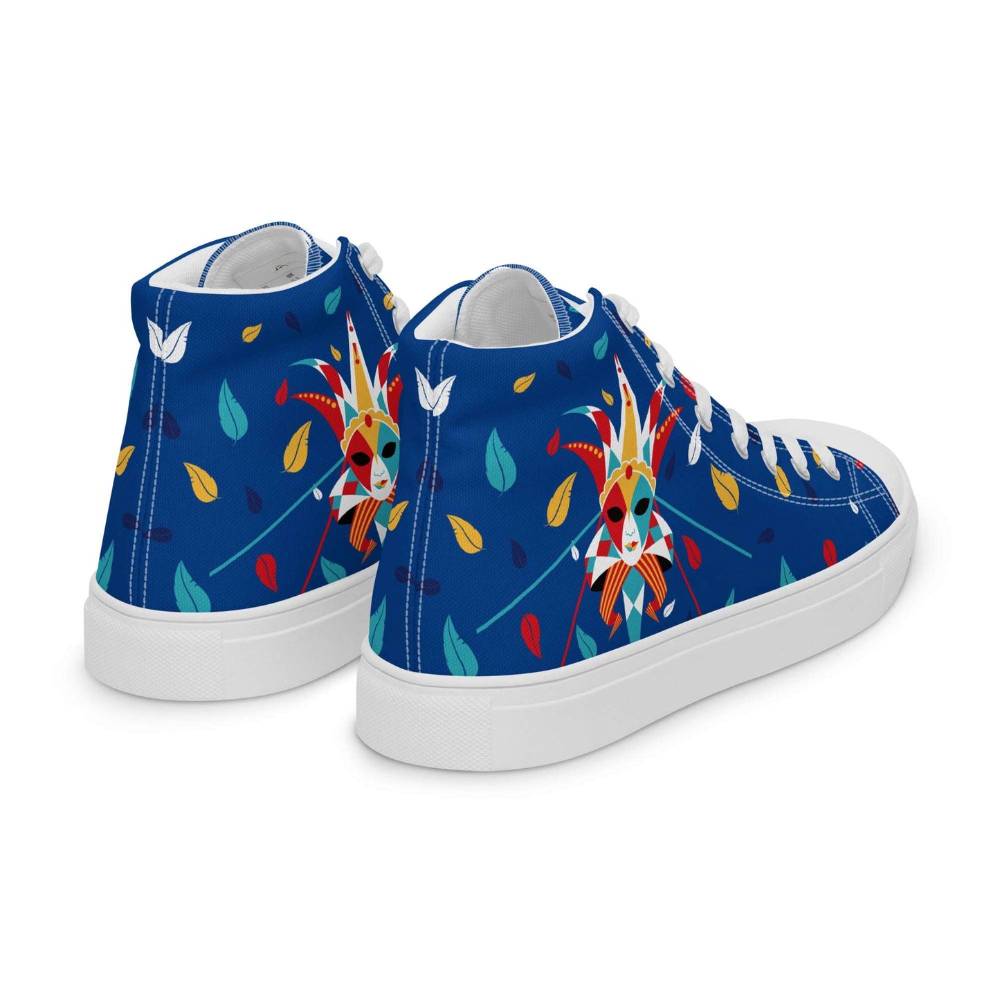 Rear view of Italy-Venetian Carnival Night blue shoes, unisex high-quality sneakers with ethnic mask graphics, stylish footwear for everyone.