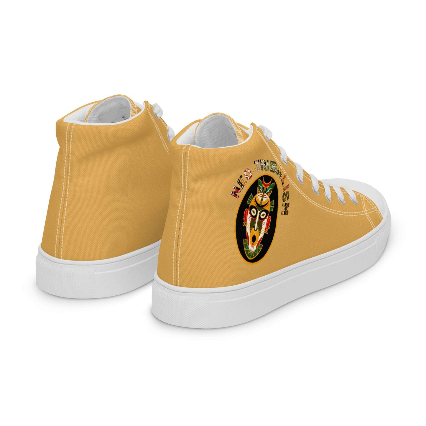 Africa-Neo Tribal Mask high-top canvas shoes by Aymar Quiris Studio, mustard yellow unisex sneakers with ethnic tribal mask pattern.