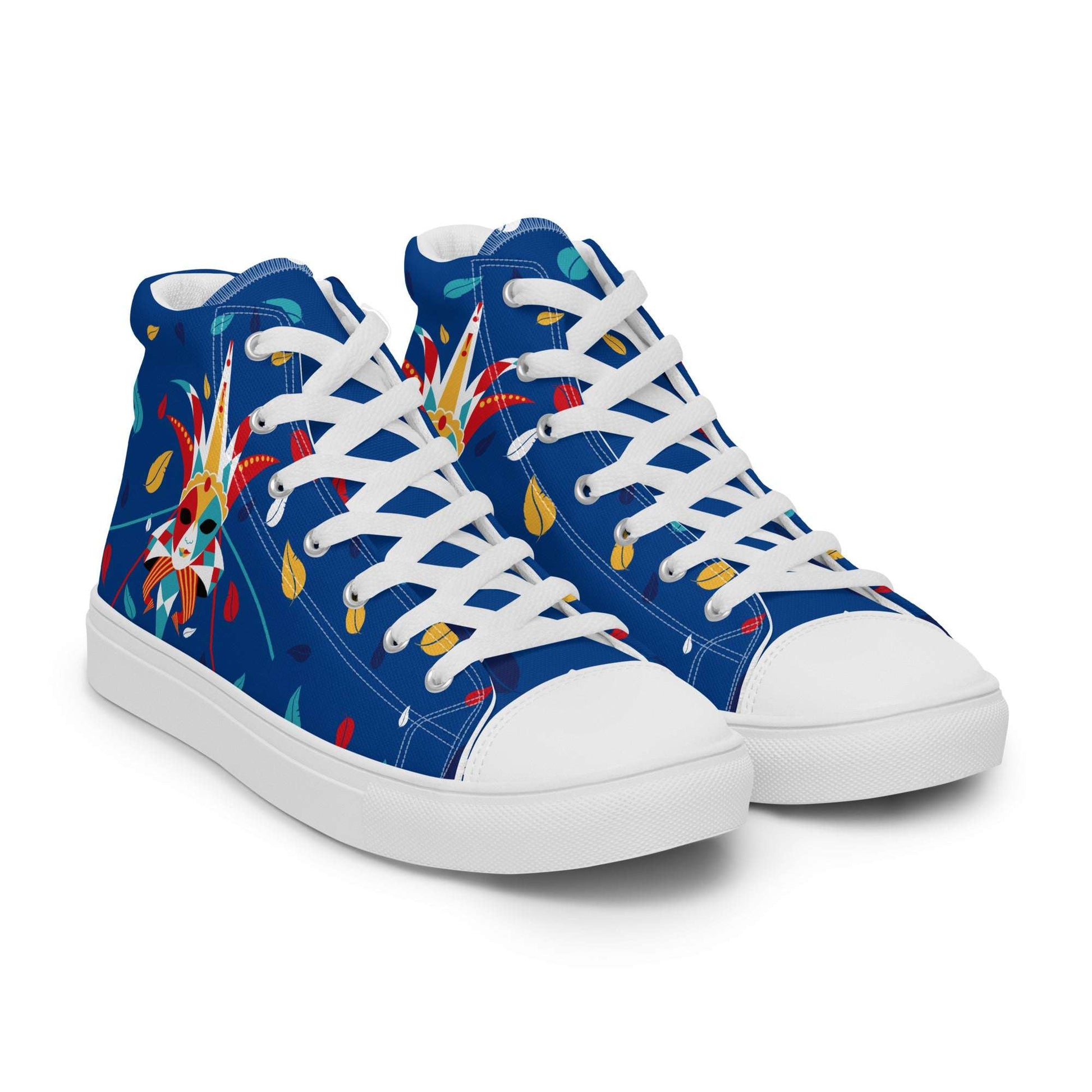 Front view of unisex Italy-Venetian Carnival Night blue shoes by Aymar Quiris Studio, gender-neutral high-top sneakers with Venetian mask art.