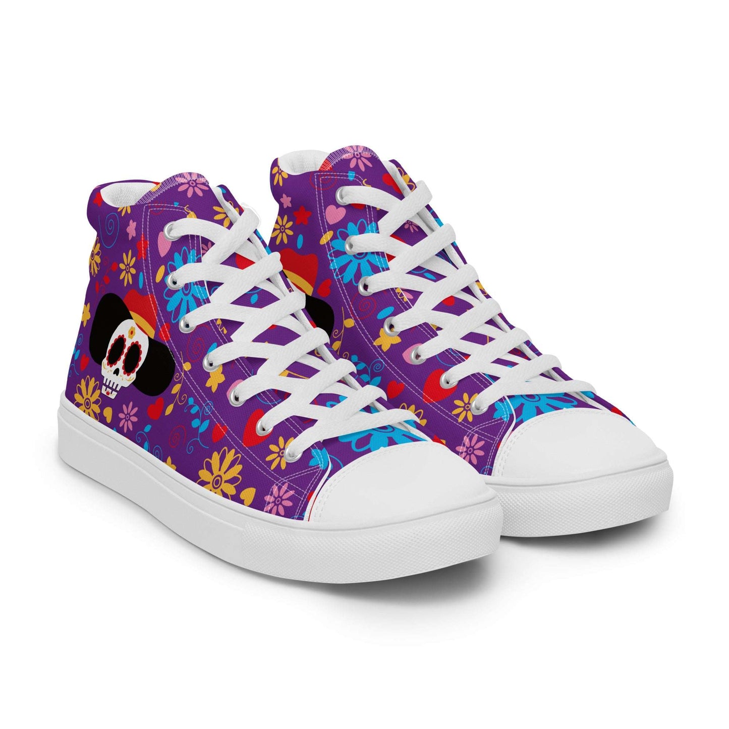Side profile of Aymar Quiris Studio purple Fiesta Sugar Skull shoes, trendy high-top sneakers for women, perfect for matching couples' streetwear outfits.