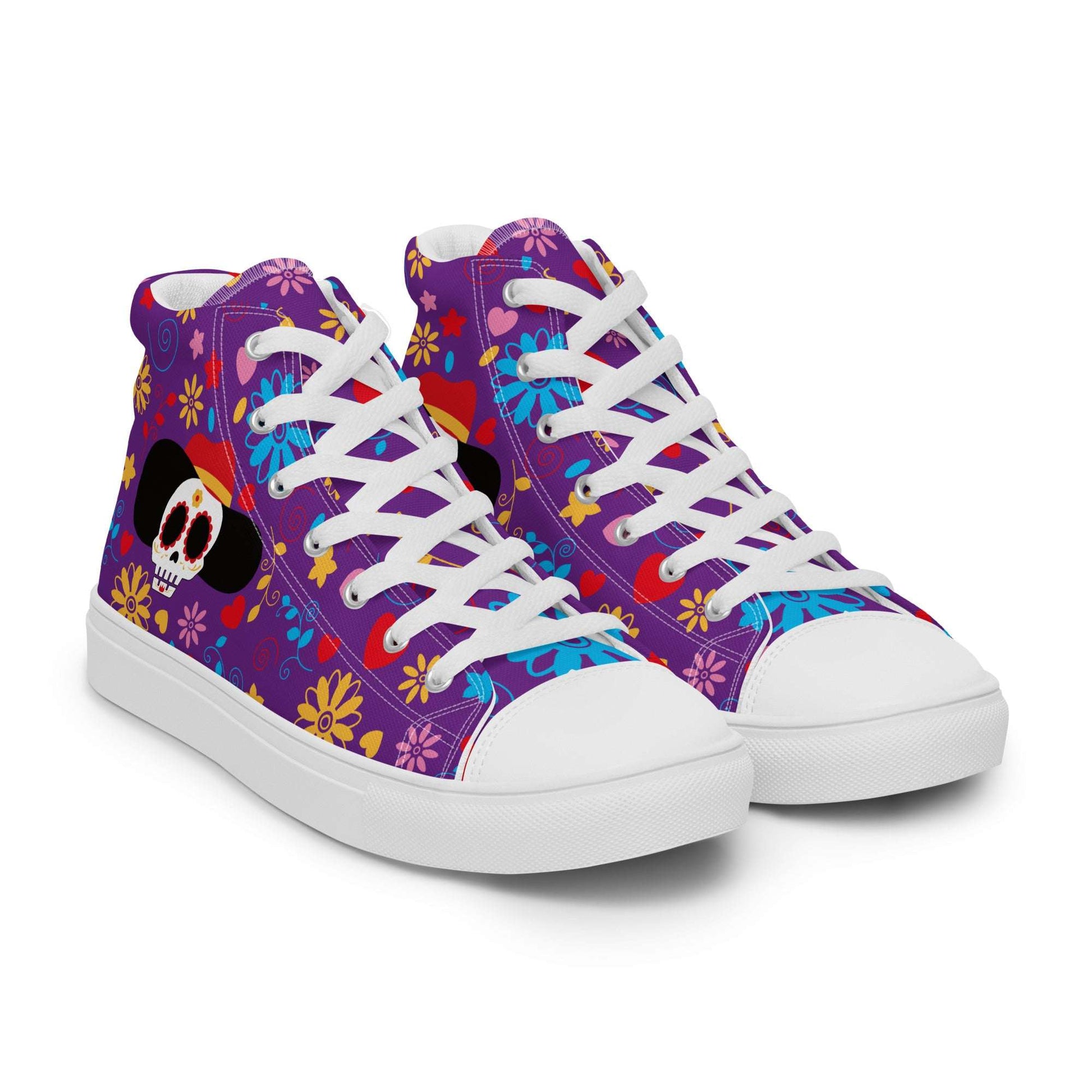 Side profile of Aymar Quiris Studio purple Fiesta Sugar Skull shoes, trendy high-top sneakers for women, perfect for matching couples' streetwear outfits.